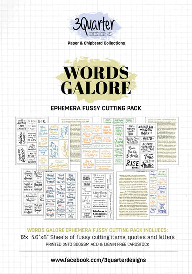 3 Quater Designs-Words Galore-6x4 Ephemera Fussy Cutting  Pack